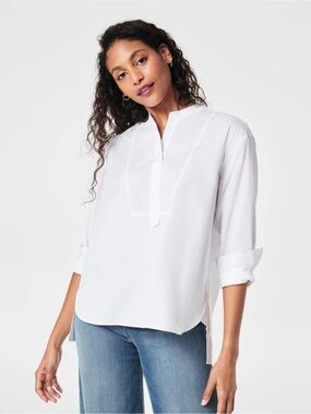 Spanx White Poplin Tuxedo Shirt Oversized Cotton Size XS Business Casual Summer